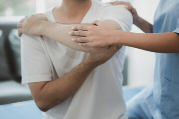 A professional physiotherapist is doing stretching for a patient, the patient has muscle dysfunction due to hard work, most often an office worker who has problems sitting for long periods of time.