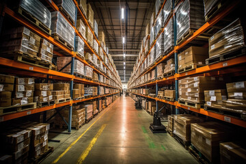 This photo captures a detailed and precise scene inside a spacious warehouse. The camera brings out the elements and features of the warehouse, showcasing its size and organization. Generative AI.