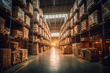 Obraz premium This photo captures a detailed and precise scene inside a spacious warehouse. The camera brings out the elements and features of the warehouse, showcasing its size and organization. Generative AI.