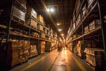 This photo captures a detailed and precise scene inside a spacious warehouse. The camera brings out the elements and features of the warehouse, showcasing its size and organization. Generative AI.