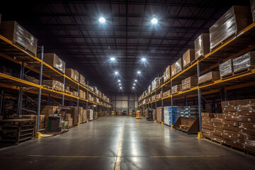 Fototapeta premium This photo captures a detailed and precise scene inside a spacious warehouse. The camera brings out the elements and features of the warehouse, showcasing its size and organization. Generative AI.