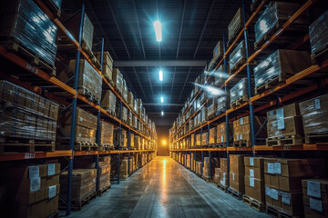 Obraz premium This photo captures a detailed and precise scene inside a spacious warehouse. The camera brings out the elements and features of the warehouse, showcasing its size and organization. Generative AI.