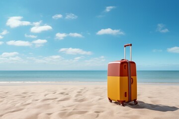 Orange suitcase on beach Travel and vacation concept