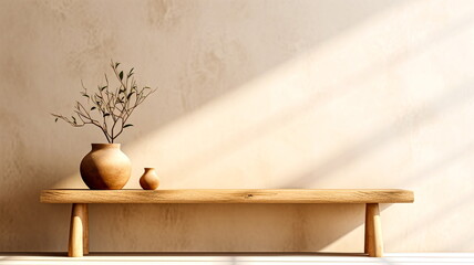 Wooden shelf with vase and eucalyptus branch on wall background. AI generated Illustration