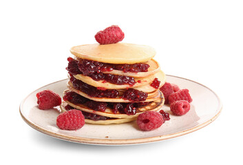 Plate of tasty pancakes with raspberries isolated on white background