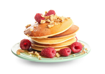 Plate of tasty pancakes with raspberries isolated on white background