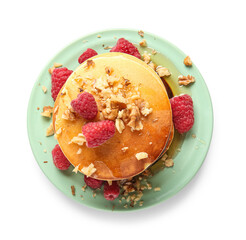 Plate of tasty pancakes with raspberries isolated on white background