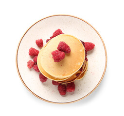 Plate of tasty pancakes with raspberries isolated on white background
