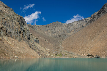 turquoise lake in the Altai mountains, Aktru at summer day