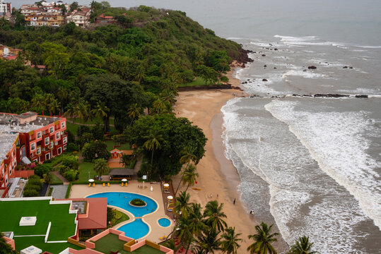 Beautiful aerial view of the Dona Paula coastline depicting a dramatic monsoon setting and holiday mood at Donapaula Goa India