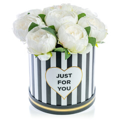 Flower box beautiful white bouquet of peony flowers with a bow
