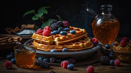 Waffles Topped with blueberries and red berries on a blurred background
