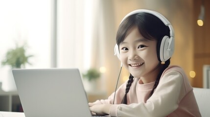 Asian little girl taking an online class on laptop. - obrazy, fototapety, plakaty