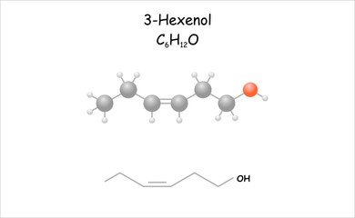 Stylized molecule model/structural formula of 3-Hexenol. 