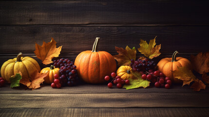 Fototapeta na wymiar Thanksgiving or autumn scene with pumpkins, autumn leaves and berries on wooden table. Autumn background with copy space. Banner. Generative Ai