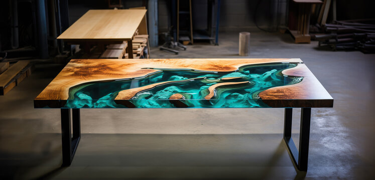 Custom made table. Epoxy river table. hand edited, Generative AI. 