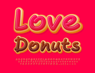 Vector sweet card Love Donuts with Pink icing Font. Tasty cake set of Alphabet Letters, Numbers and Symbols