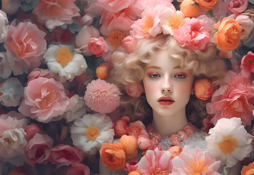 Fashion surreal Concept. Closeup portrait of stunning beautiful woman girl surround with pink blooming spring flowers floral. illuminated with dynamic composition and dramatic lighting.