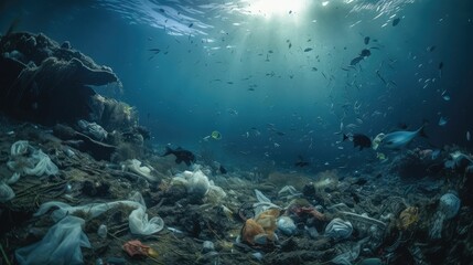 Plastic and other debris floats underwater in blue water. Plastic garbage polluting seas and ocean