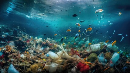 Fototapeta na wymiar Plastic and other debris floats underwater in blue water. Plastic garbage polluting seas and ocean