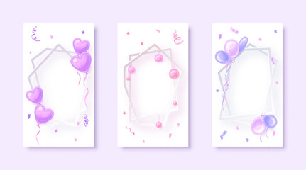 Polygonal frame festive luxury card cute flat set. Pink purple confetti serpentine balloon balls volumetric wedding birthday christmas invitation greeting poster screen saver delicate kawaii isolated
