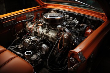 photo of inside old car hood engine