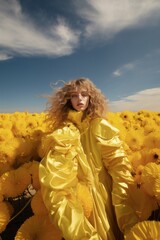 Fototapeta na wymiar An elegantly styled woman wearing a bright oversized yellow jacket stands out against the backdrop of a beautiful field of sunflowers, radiating a sense of joy and freedom
