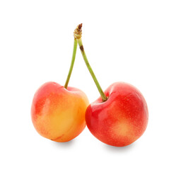 Sweet yellow cherries on white background