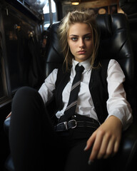 Obraz na płótnie Canvas Generative AI - Defying Conventions: A Teenage Punk in Business Attire, Provocatively Seated in Her Office Chair, Redefining Classic Business Style with Innovative Boldness