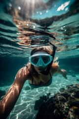 Fototapeta premium Young girl snorkeling in the sea, exploring underwater, summer vacation, summer sports