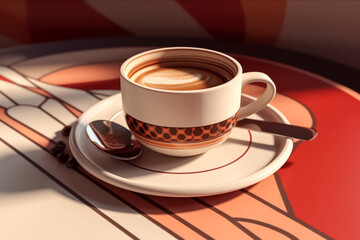 Cup coffee beans wooden. Many coffee beans are laid all around, and there are coffee cups with plate views in the morning.