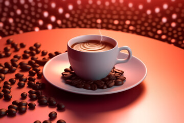 Obraz premium Cup coffee beans wooden. Many coffee beans are laid all around, and there are coffee cups with plate views in the morning.