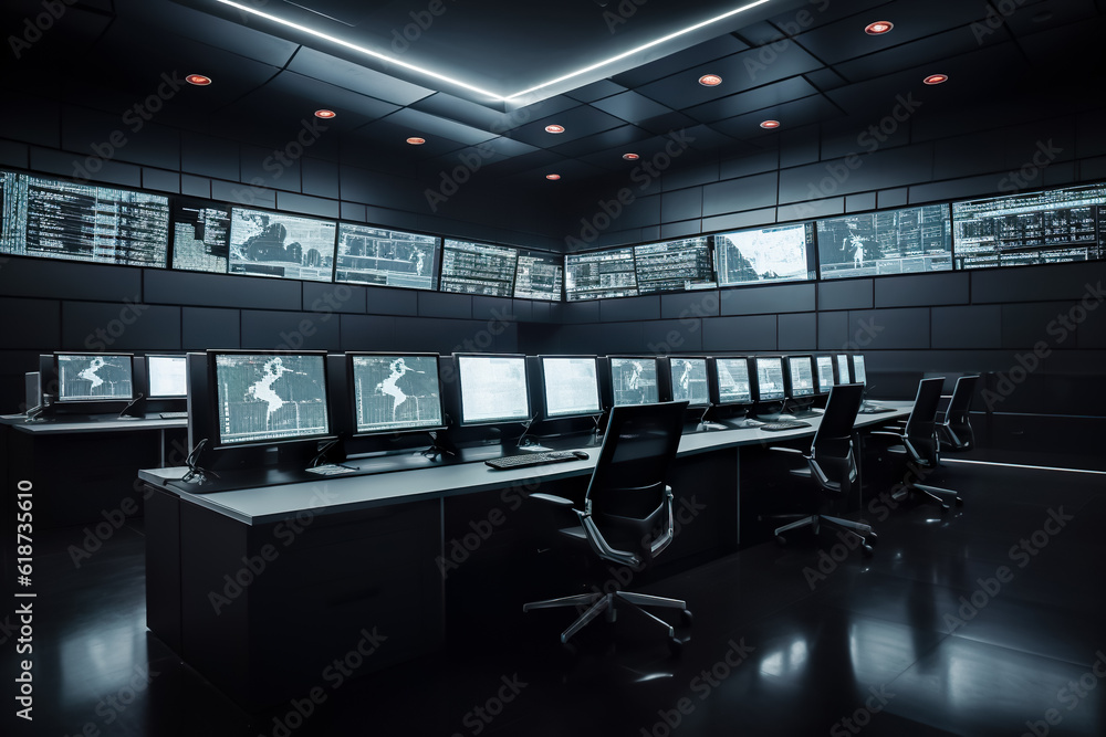 Poster control room with computers and monitors on the wall. generative ai