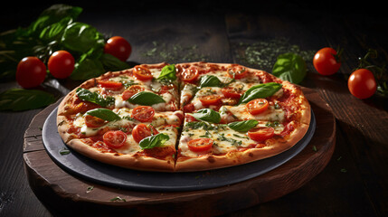 Obraz na płótnie Canvas Pizza Margherita on dark wooden background. Close up. Generative Ai