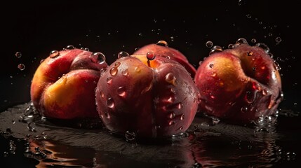 Nectarine hit by splashes of water with black blur background
