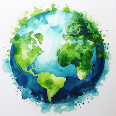 Watercolor Earth illustration. Hand drawn watercolor planet with green leaves. Earth Day. created with generative AI technology. © hakule