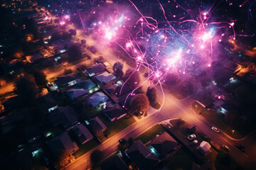 Fototapeta na wymiar Aerial drone shot of New years eve or 4th of July fireworks in the sky