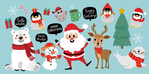 2024, animal, background, banner, bear, card, cartoon, celebration, character, cheerful, christmas, claus, comic, cute, december, decoration, deer, design, eve, fun, funny, gift, greeting, happiness, 