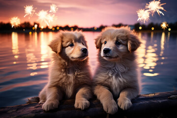 Puppies watching fireworks on the 4th of July - USA American Holliday
