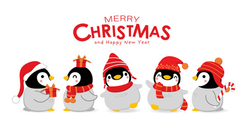 Cute baby penguin in winter costume vector. Merry Christmas and happy holidays greeting card. Wildlife animal cartoon character. -Vector © Dusida