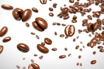 Portrait of coffee bean brown roasted caffeine espresso seed. Coffee beans on a blurry background. Flying coffee beans background. Generative AI.