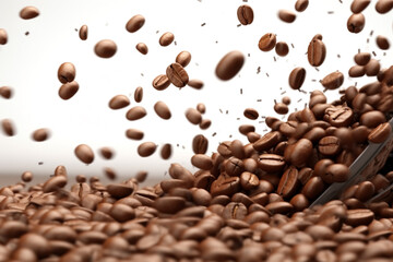 Obraz premium Portrait of coffee bean brown roasted caffeine espresso seed. Coffee beans on a blurry background. Flying coffee beans background. Generative AI.