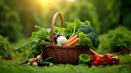 Image of fresh green and mix colored vegetables in big basket in field green plants with agricultural vehical background printed on Printed Glass Splashbacks