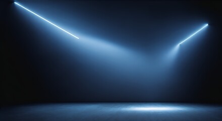 Empty stage for product presentation in dark room with blue led lights and minimalist background