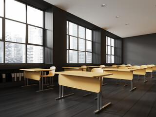 White and black classroom interior with yellow desk in row and panoramic window