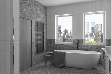 Modern tranquil home bathroom interior with modern amenities and rustic charm, a stunning new york city view. It blends elegance, comfort, and nature. 3d rendering.