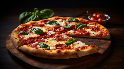 Obraz na płótnie Canvas Pizza Margherita on dark wooden background. Close up. Generative Ai