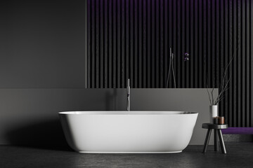 Obraz na płótnie Canvas Gray and wooden bathroom interior with tub and shower
