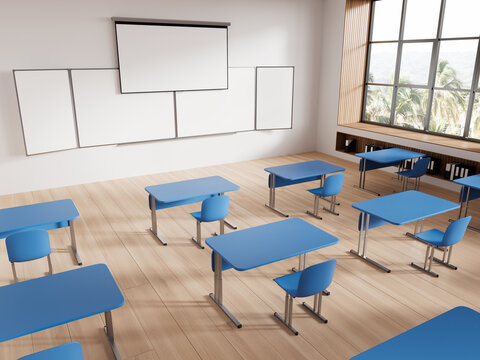White classroom corner with projection screen