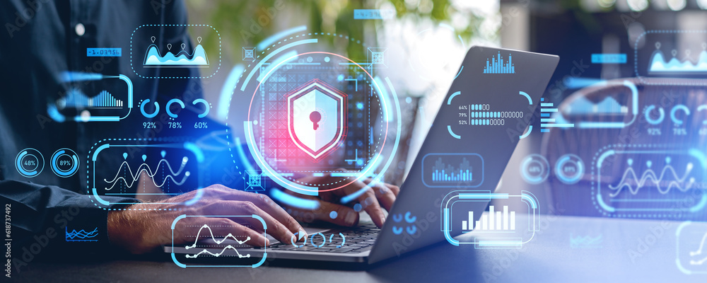 Aufkleber man hands typing on laptop with data protection interface